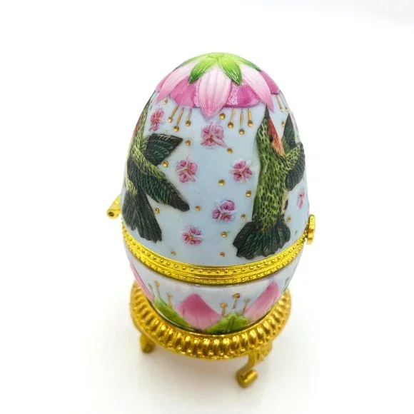 Vintage Porcelain Egg Hummingbird Club Floral Trinket Box w/ Gold Colored Stand - Picture 5 of 9